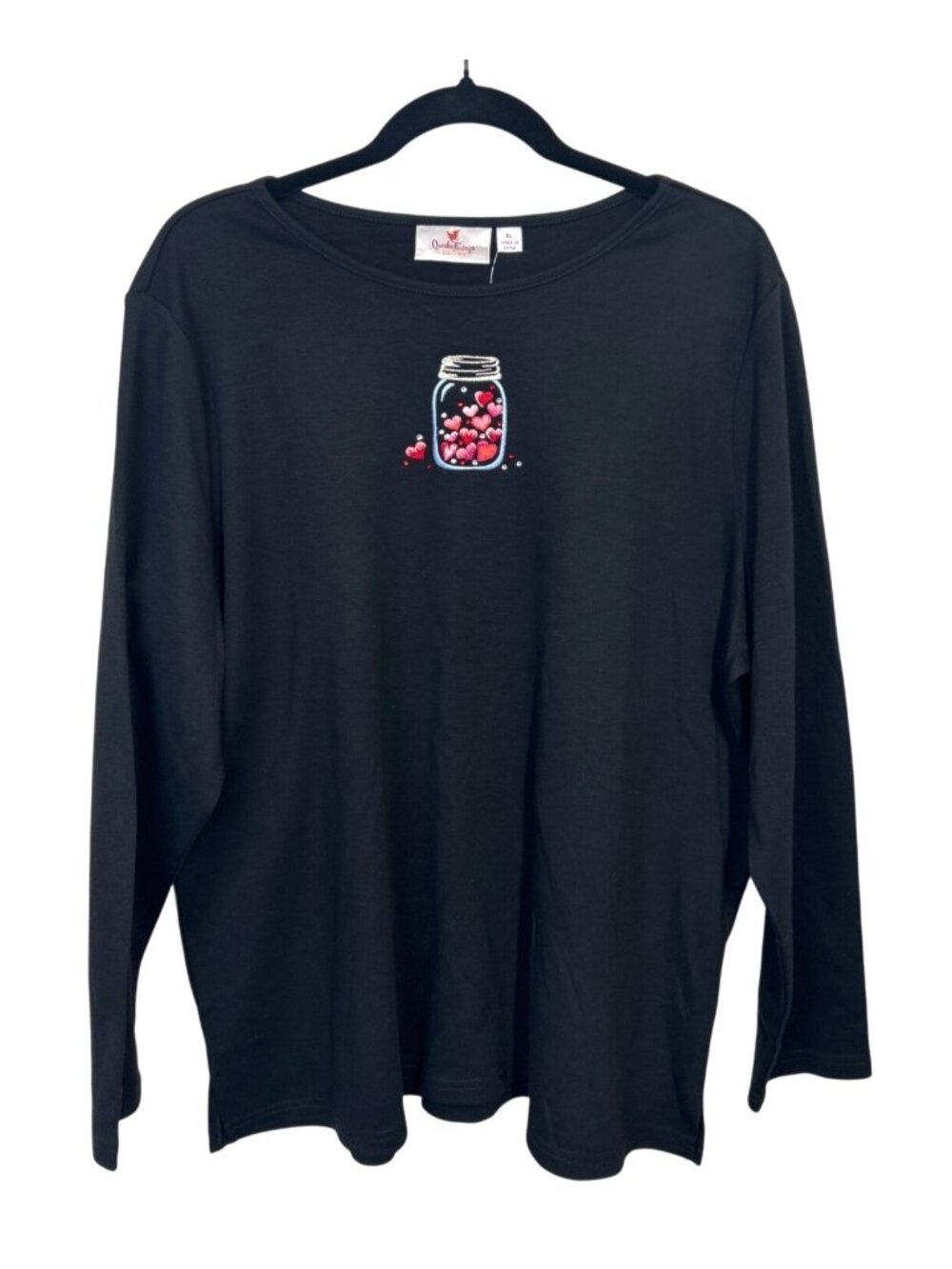Quacker Factory Sz XL Black Heart Jar Embroidered Rhinestone Long Sleeve Tee